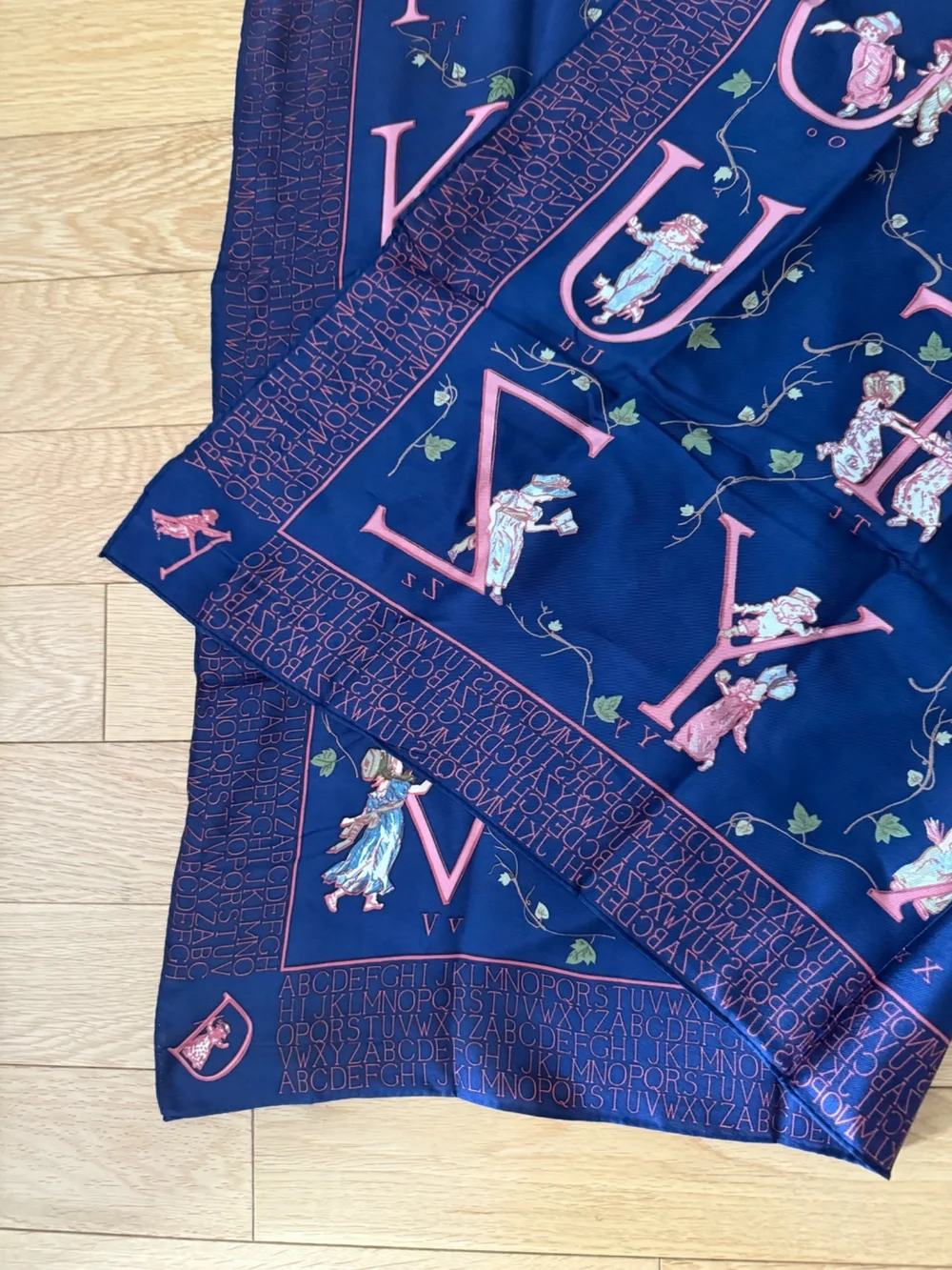 Vintage Alphabet Children's Figure Silk Scarf Navy Pink One Size